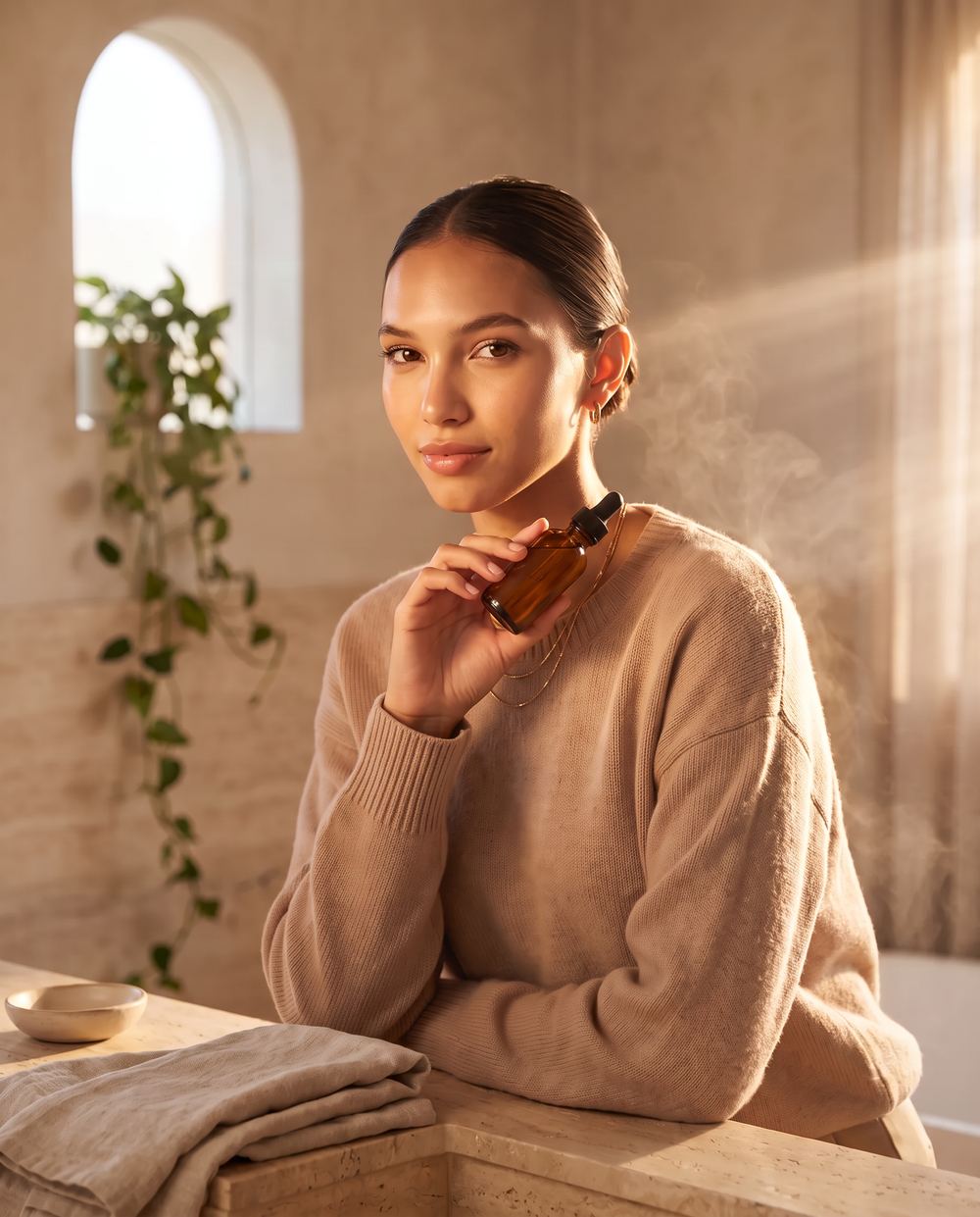 The same serum held by a model in a soft, styled campaign shot