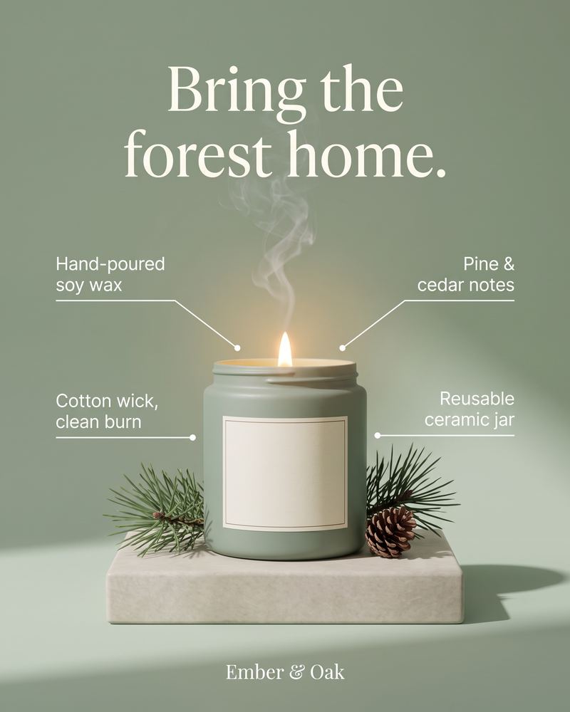 Candle callout ad headed Bring the forest home, with four benefit labels